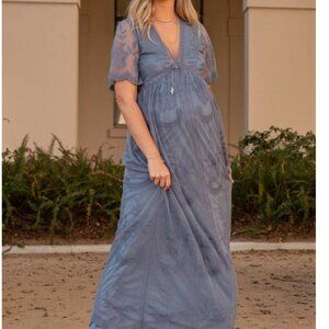 PinkBlush Blue Lace Mesh Overlay Maternity Maxi Dress